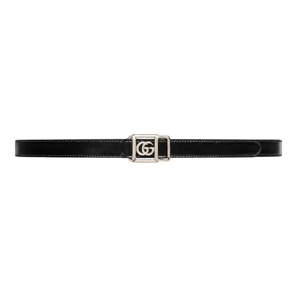 Gucci 20mm Leather Tie Belt Double GG Logo Black Silver Size 95/38